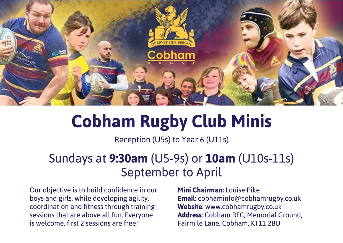 We hope you've been enjoying the Rugby World Cup

Do you have a son or daughter that would enjoy rugby and would like to give it a go? Contact us at cobhaminfo@cobhamrugby.co.uk for a free trial

Feel free to pop down on a Sunday morning and see the kids in action! 

All welcome