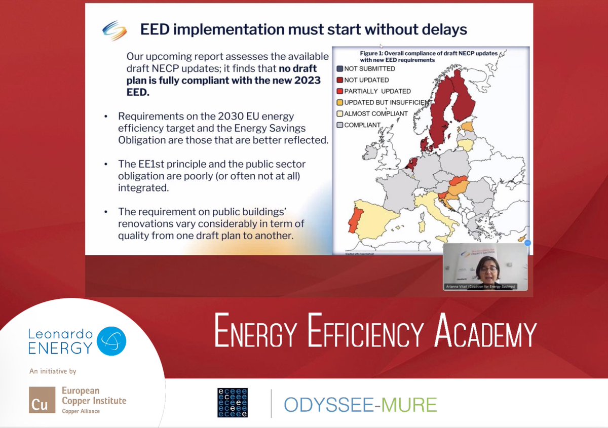 Arianna Vitali Roscini @AriaVR Secretary General at the Coalition for Energy Savings @EUenergysavings at the 1st webinar of #EEAcademy on #EED implementation. Calling on effective #EnergyEfficiency measures at the Member States, to make the implementation map green by July 2024