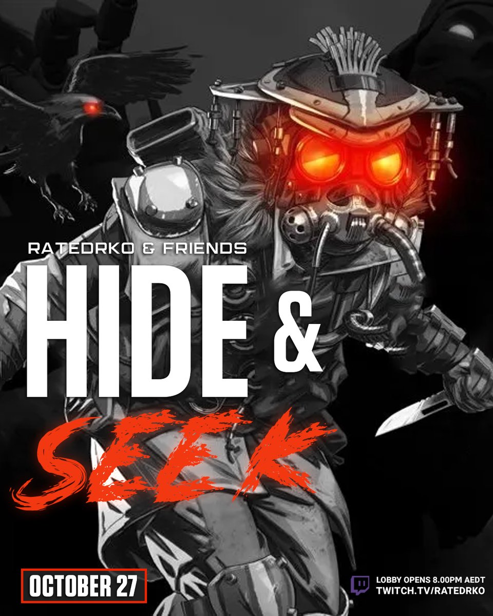Keen to announce my next <a href="/PlayApex/">Apex Legends</a> Community Event - Hide &amp; Seek! 

🗺 Worlds Edge (After Dark), Olympus, King's Canyon
🔪 Different seekers in each game 
🤝 Featuring <a href="/justschmit/">Schmit</a>, <a href="/BeeGreedy/">TheGreedyBee</a>, <a href="/ItsCallius/">ItsCallius</a> and more!
🗓 Friday Oct 27 @ 8.30pm AEDT