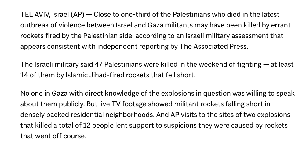 Micbloch's tweet photo. A titre de contexte, ce reportage d'Associated Press d'août 2022 sur les roquettes palestiniennes qui échouent et tuent dans Gaza.

Durant le précédent conflit de mai 2023, environ 20 % des roquettes lancées depuis Gaza sont ainsi retombées dans Gaza. 

https://t.co/vSi1NVz8TD https://t.co/uKtuWwB1gB