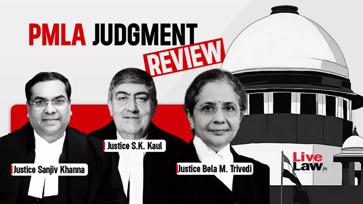 LiveLawIndia's tweet photo. #SupremeCourt will hear at 3 PM today petitions seeking review of the 'Vijay Madanlal Chaudhary' judgment which upheld the powers of the ED &amp; PMLA provisions.

A bench of Justices SK Kaul, Sanjiv Khanna &amp; Bela M Trivedi will hear the matter.

Follow the thread for live-updates. https://t.co/Q2FmcFVsBT