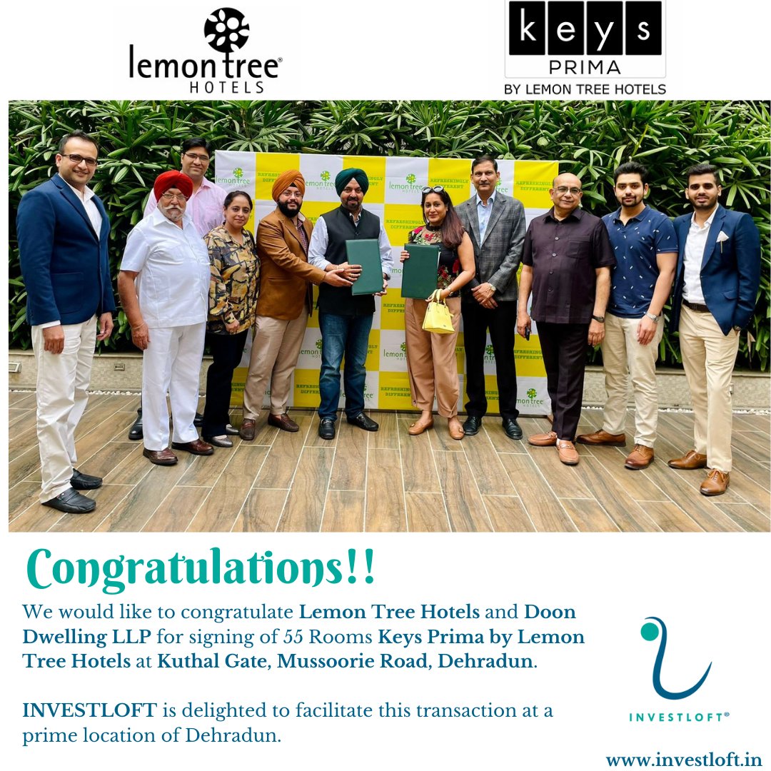investloft's tweet photo. We at #INVESTLOFT have successfully facilitated a transaction between @LemonTreeHotels and Doon Dwelling LLP for signing of 55 rooms Hotel at #Dehradun 

Read More: https://t.co/u0OEcda3Qd

#lemontreehotels #lemontree #keysprima #keys #mussoorie #uttrakhandtourism https://t.co/vKQVxFoMMm
