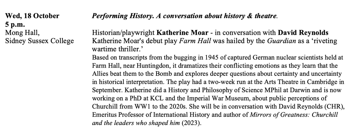 PopularHistory's tweet photo. Our first event of term is happening *TODAY* at 5pm in Sidney Sussex! The historian and playwright Katherine Moar will be in conversation with David Reynolds about the relationship between history and theatre.

Our term card for the rest of 2023 is also attached! https://t.co/oi3F4adSIk