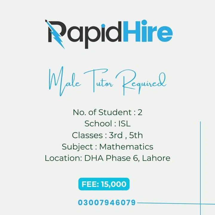 📚 Are you a talented male mathematics tutor looking for a rewarding opportunity? Rapid Hire is searching for a dedicated tutor to help a client's two kids excel in math!
📞 Interested candidates, please contact us on WhatsApp 03007946079 to discuss this.
#MathTutor #RapidHire