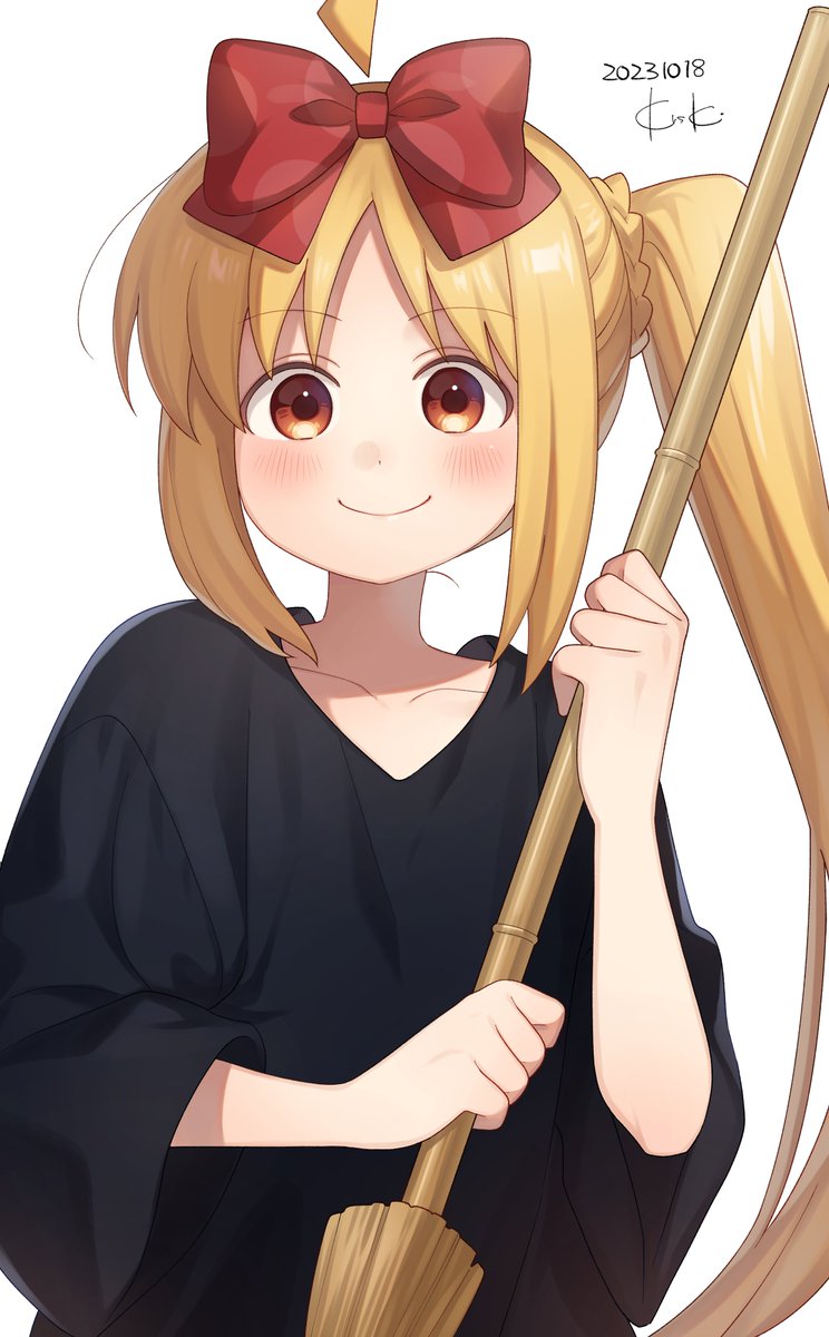 ijichi nijika ,kiki (majo no takkyuubin) 1girl solo smile bow blonde hair hair bow broom  illustration images