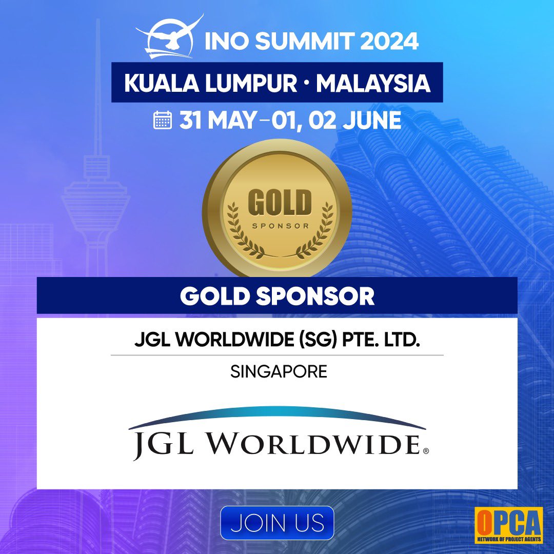 We are glad to introduce JGL WORLDWIDE (SG) PTE. LTD., our Gold Sponsor for the INO Summit 2024! 🙌 We encourage you to check out their website: jglww.com

#projectcargo #heavylift #networking #inosummit #inosummit2024 #Sponsorship #EventSponsorship #BrandVisibility