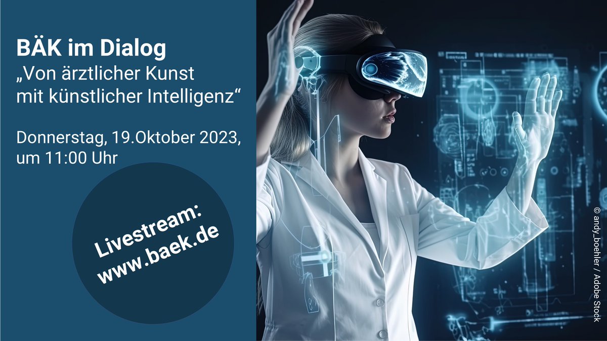 #BÄKimDialog: 'Von ärztlicher Kunst mit künstlicher Intelligenz“, morgen ab 11:00 Uhr. Verfolgen Sie unsere Veranstaltung im Livestream unter: baek.de #kuenstlicheintelligenz #ki #medizin #gesundheitswesen