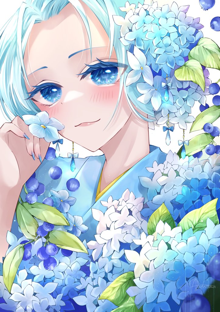 1girl flower blue eyes hydrangea solo blue flower kimono  illustration images
