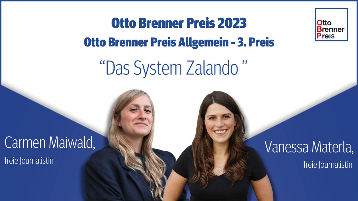 Otto Brenner Stiftung (@obsfrankfurt) on Twitter photo <a href="/WigbertLoeer/">Wigbert Löer</a> <a href="/MediaEyeopening/">EyeOpening.Media</a> <a href="/joergww/">joerg winterfeldt</a> <a href="/peter_wozny/">Peter Wozny</a> <a href="/FritzSchaap/">Fritz Schaap</a> <a href="/derspiegel/">DER SPIEGEL</a> .<a href="/MaiwaldCarmen/">Carmen Maiwald</a> und <a href="/VMaterla/">Vanessa Materla</a> gewinnen beim "Otto Brenner Preis für kritischen Journalismus“ den 3. Preis für ihre Reportage "Das System #Zalando".
Ihre investigative Recherche zeigt, dass ein gutes Gewissen beim Online-Shoppingrausch ein leeres Versprechen bleibt. #OBPreis23 <a href="/WigbertLoeer/">Wigbert Löer</a> <a href="/MediaEyeopening/">EyeOpening.Media</a> <a href="/joergww/">joerg winterfeldt</a> <a href="/peter_wozny/">Peter Wozny</a> <a href="/FritzSchaap/">Fritz Schaap</a> <a href="/derspiegel/">DER SPIEGEL</a> .<a href="/MaiwaldCarmen/">Carmen Maiwald</a> und <a href="/VMaterla/">Vanessa Materla</a> gewinnen beim "Otto Brenner Preis für kritischen Journalismus“ den 3. Preis für ihre Reportage "Das System #Zalando".
Ihre investigative Recherche zeigt, dass ein gutes Gewissen beim Online-Shoppingrausch ein leeres Versprechen bleibt. #OBPreis23