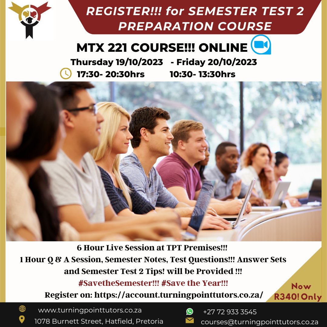 TptTutors's tweet image. REGISTER TODAY! For MTX211 course starting tomorrow Thursday!!!   Register on : account.turningpointtutors.co.za For updates on the course’s information please regularly visit our website: turningpointtutors.co.za. Send us a message via WhatsApp (+27 72 933 3545) #Engweek #Savethesemester