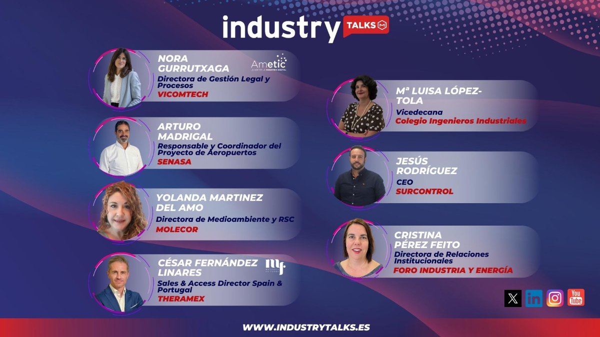 IndustryTalksES's tweet image. 🟣#industryTALKS | 📢¡Lanzamos nuevo cartel de 🎙️#iTALKERS! Contamos con 7 nuevos expertos portavoces para seguir con el fomento industrial 🏭👉🏼 @COIIM @Foroindenergia @SENASA_Spain @Molecor @Vicomtech @AMETIC_es @Theramex_Spain @mujeresenfarma @surcontrol @ClusterCadiz 🚀