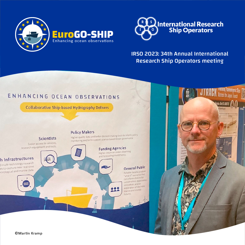 Martin Kramp at the International Research Ship Operators Meeting presenting the @EuroGO_SHIP poster showcasing how #oceanography relies on RVs to capture quality #marine #data & to deploy & maintain diverse ocean observing instruments @oceanops_goos @horizoneurope #EUGreenDeal