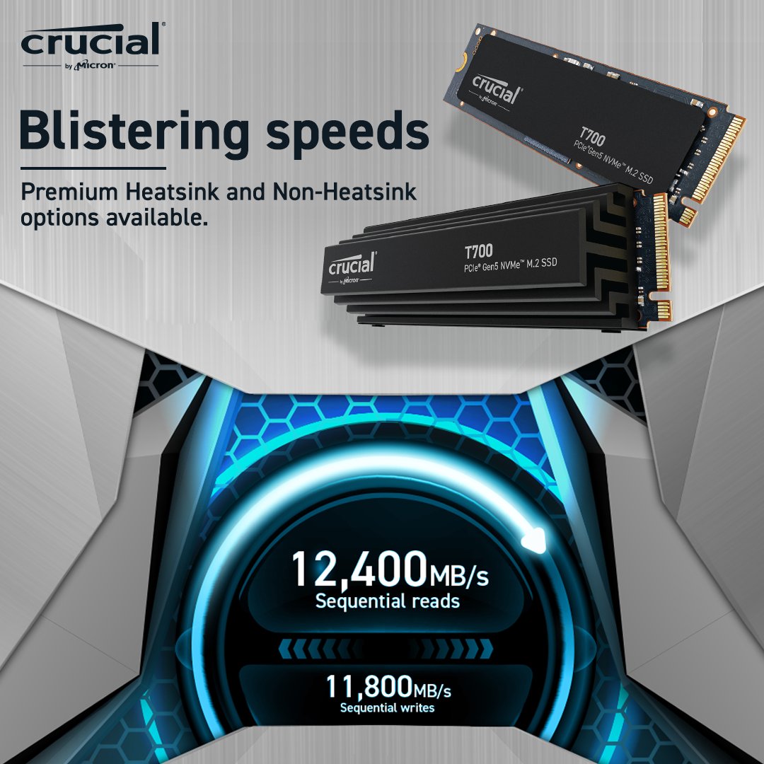 dterminalIN's tweet photo. Get extreme Gen5 performance for high-end desktop and workstation builds with Crucial T700 PCIe Gen NVMe M.2 SSD

Know more: https://t.co/bVbbcjasML

#crucialT700 #extremeperformance #crucial #NVMeSSD #Fasterspeed #Unmatchedperformance #fastergaming #morestorage https://t.co/VgCsMhZOSp