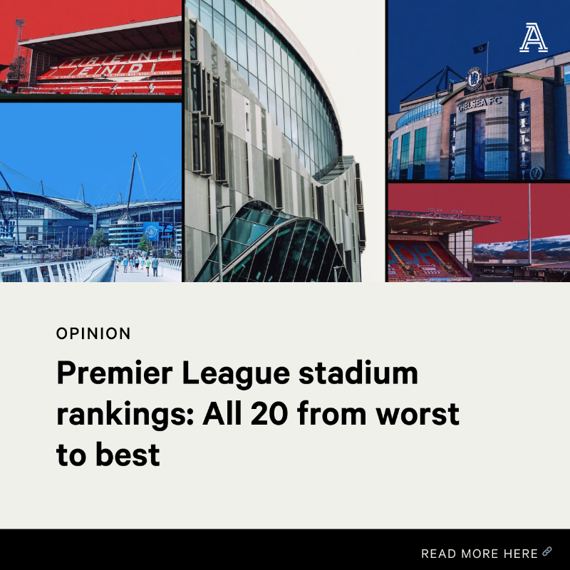 TheAthletic's tweet photo. 𝐓𝐡𝐞 𝐀𝐭𝐡𝐥𝐞𝐭𝐢𝐜’𝐬 𝐏𝐫𝐞𝐦𝐢𝐞𝐫 𝐋𝐞𝐚𝐠𝐮𝐞 𝐒𝐭𝐚𝐝𝐢𝐮𝐦 𝐑𝐚𝐧𝐤𝐢𝐧𝐠𝐬

Our experts have carried out an almost impossible task — and ranked every ground from worst to best - just so you can shout at us.