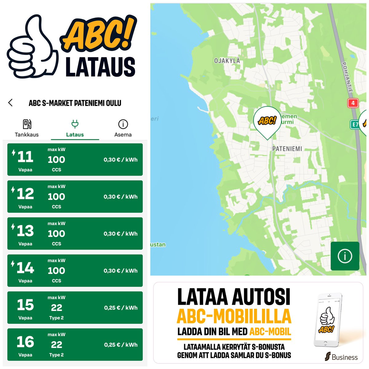 ABC-lataus S-market Pateniemi Oulu avattu.
DC-kokonaisteho 100 kW, dynaaminen tehonjako 4 CCS. Latauspistekohtainen max-teho 100 kW.

+ 2 kpl peruslataus max 22 kW.

T. ABC-lataus, Marko
#abclataus #sähköauto 

Ps voit myös liittyä ABC-lataajat FB-ryhmään:
m.facebook.com/groups/abclata…