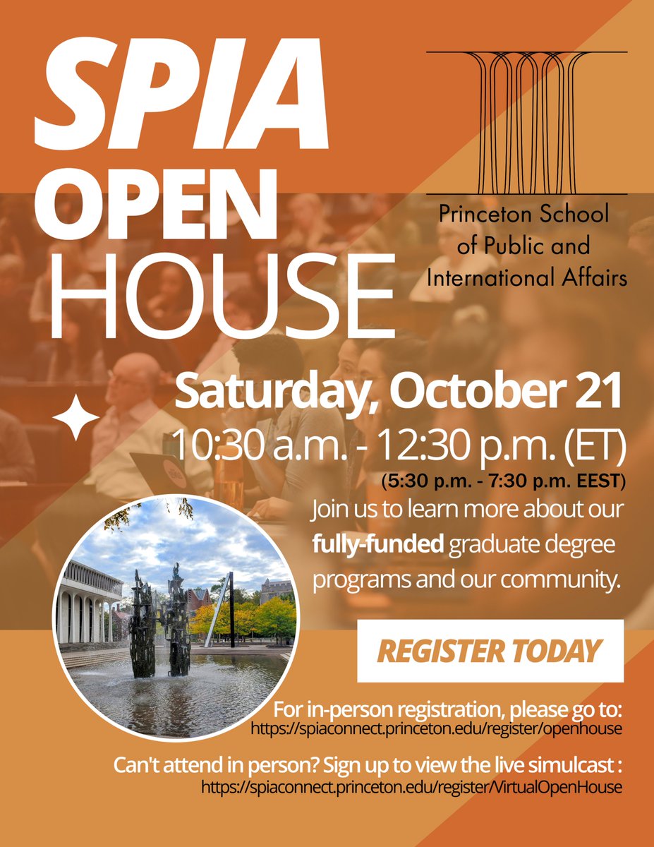 EVENT | Open House - Princeton School of Public & International Affairs (SPIA) Saturday, October 21 from 5:30 p.m. – 7:30 p.m. EEST. Register to connect to the live simulcast to learn about SPIA’s fully-funded graduate degree offerings tinyurl.com/2p9dzvvz @PrincetonSPIA
