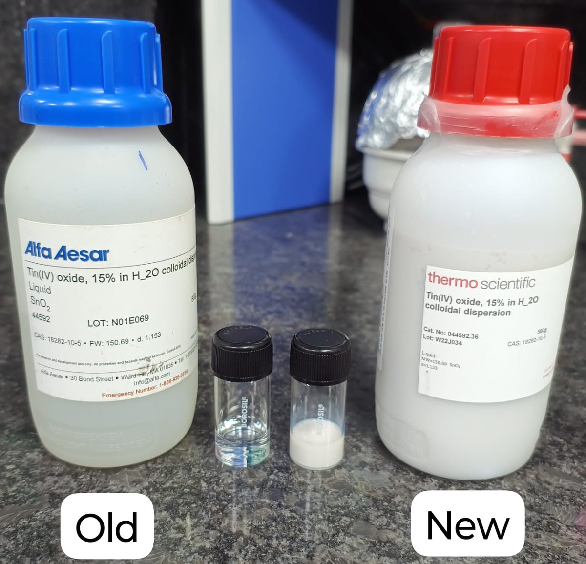 SnO2 colloidal solution before and after the <a href="/thermosci/">Thermo Scientific</a> acquire the <a href="/AlfaAesar/">Alfa Aesar</a> - currently unusable which was previously the prime product for perovskite solar cells.