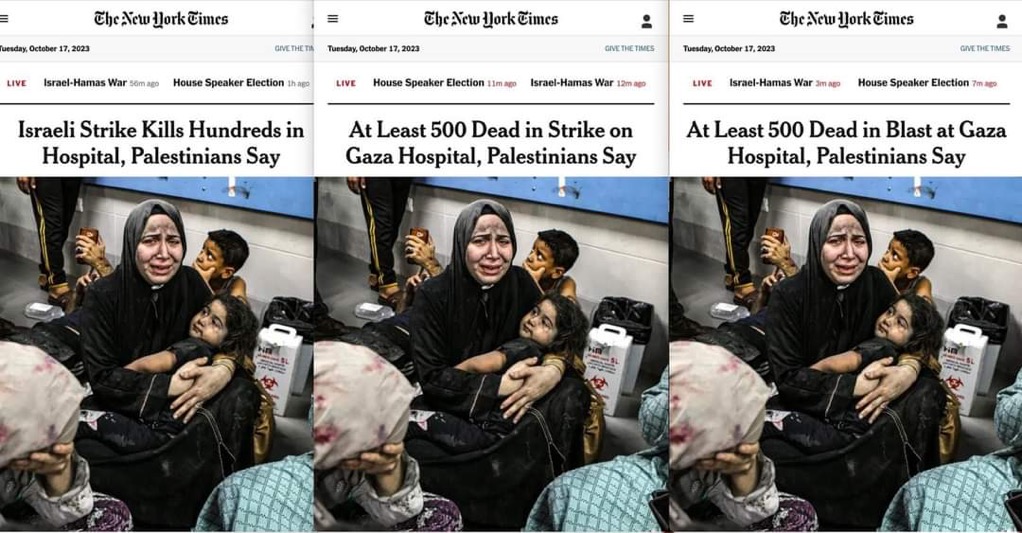 elktalkstech's tweet photo. Is mainstream media egging on the conflict? 

Yesterday a number of news outlets (@BBC, @CNN etc.) sent push notifications to millions of phones:  Israel had destroyed a hospital in Gaza

International condemnation was immediate and widespread. Riots broke out across the Arab world; a meeting between Biden and world leaders was called off

However, evidence is mounting this morning - videos, transcripts of Hamas comms, photos - that this tragic hospital blast may have been caused by a ‘Palestinian Islamic Jihad’ rocket, rather than the IDF (who deny involvement)
(1) https://t.co/6maaH7Z2ld
(2) https://t.co/PdFC2It2js

To be clear, I do not know (of course) precisely who did what. But what we can know for sure is this: 
1) Hamas immediately blamed the attack on Israel
2) mainstream media quickly parroted that line without sufficient evidence  
3) as did leaders and politicians.
4) Irrespective of what's true, that line has become the accepted version of events
5) resulting in more global instability and violence, and damaging possible peace talks 

This is shaping up to be the most intense information war of modern times. Stay vigilant; inaccurate stories only lead to more civilian lives tragically lost - on both sides of this horrific conflict. 

(The photo below is of the @NewTorkYimes updating its headline as the story evolved).