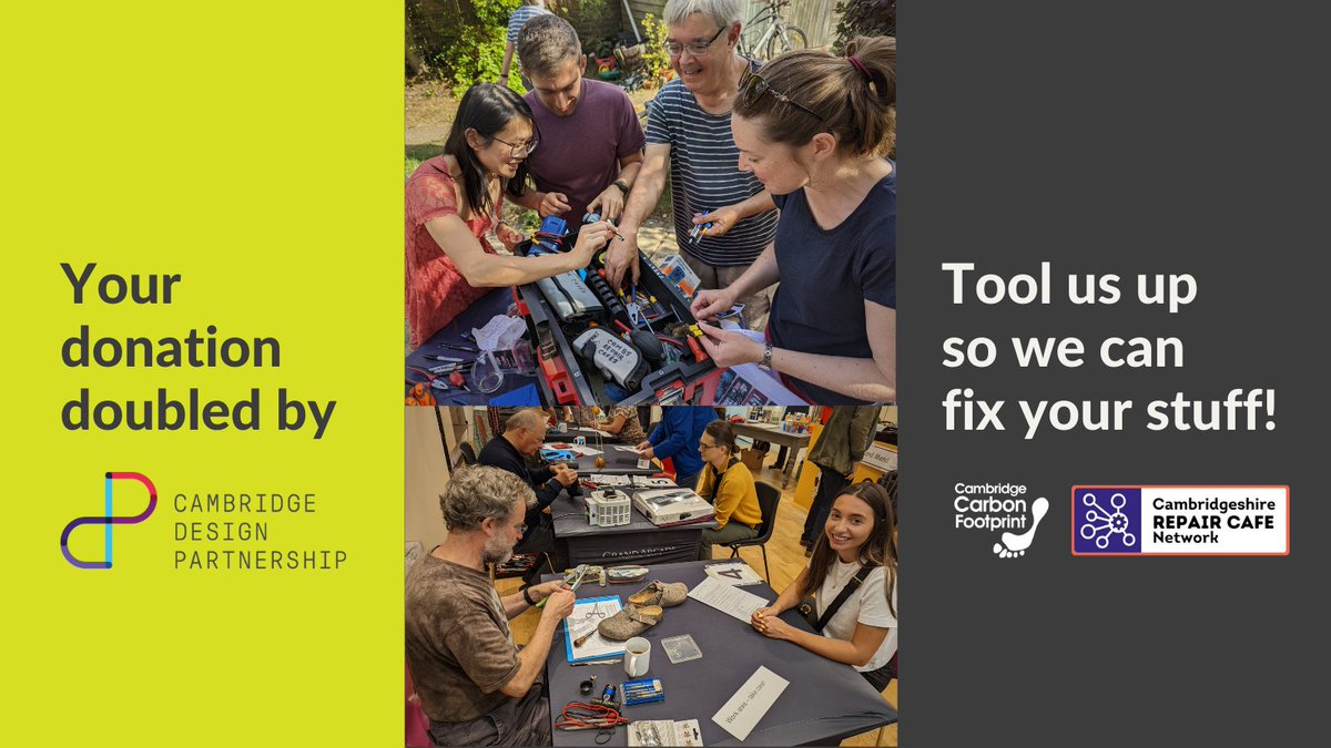 This year Cambs Repair Cafes have seen over 1,500 items, fixed 64%, prevented 2.9t waste & 23tCO2, saved money & shared skills! We need a new toolkit to fix your stuff! Donations made this week are doubled by CDP! donate.biggive.org/campaign/a0569… @camcitco @SouthCambs @TransitionCambs