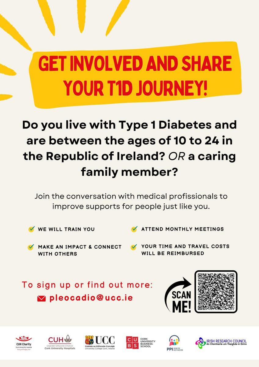 Want to help improve resources and supports for young people with Type 1 Diabetes and their families? We're forming an advisory panel! If you're: Aged 10-24, and living with T1D A parent of a child/young person with T1D 💬Email pleocadio@ucc.ie to find out more RT appreciated.