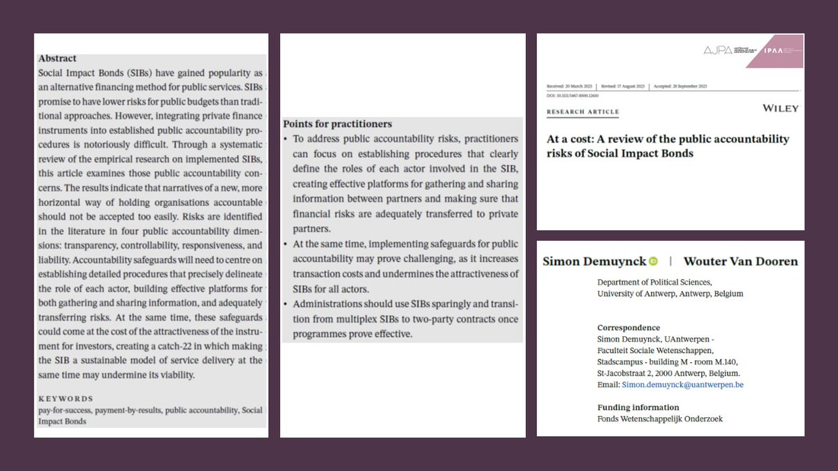 📣🆕Early view❗️

How & why is #accountability critical for #Socialimpactbonds (SIBs) for durable #PPPs❓

@Simdemuynck & @WouterVDooren review accountability risks inherent in #SIBs based on extensive literature from over a decade of empirical research👇

onlinelibrary.wiley.com/doi/full/10.11…