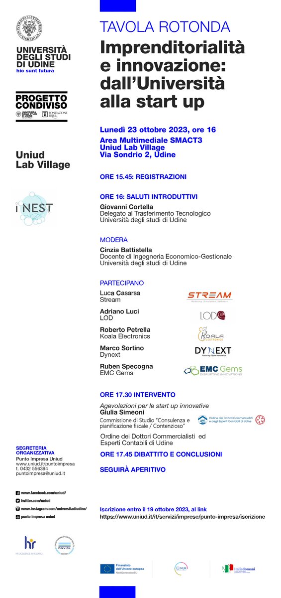 #23ottobre, ore 16, Lab Village, #Udine
Imprenditorialità e #innovazione: dall'Università alla #startup
<a href="/uniud/">Università di Udine</a>
