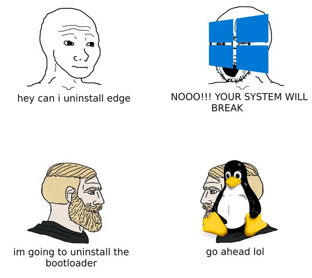 nixcraft's tweet photo. Windows: 0
Linux: 1

It is not Linux's job to stop you from shooting your foot. If you so choose to do so, then it is Linux's job to deliver Mr. Bullet to Mr. Foot in the most efficient way it knows. https://t.co/hZusOYkCke