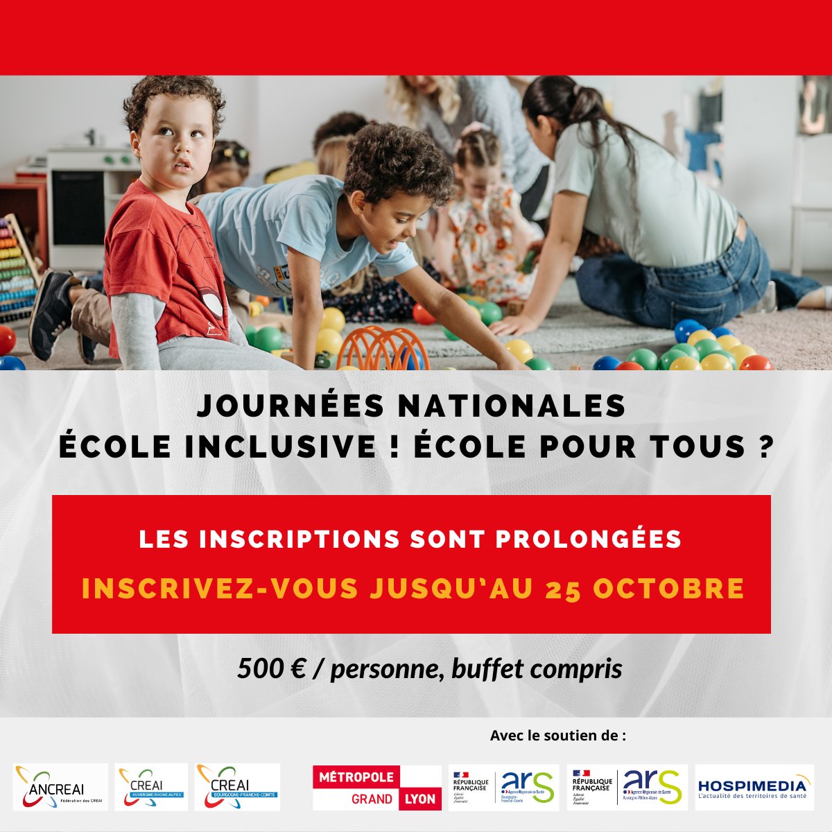 BONNE NOUVELLE🔔
Vous êtes nombreux à nous demander une prolongation des inscriptions aux journées nationales : École inclusive ! École pour tous ?
Bonne nouvelle, les inscriptions restent ouvertes jusqu’au 25 OCT.

🔸Inscription ➡lnkd.in/epD6HQtm

📅 Du 13 au 15 NOV 2023