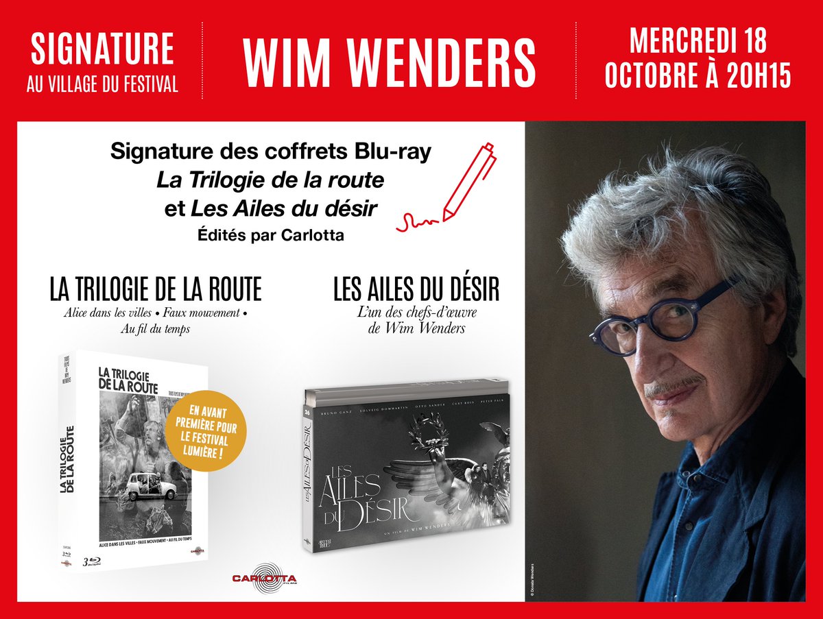 CarlottaFilms's tweet photo. On vous attend nombreux ce soir à 20h15 pour la signature du #CUC LES AILES DU DÉSIR et du coffret Blu-ray LA TRILOGIE DE LA ROUTE par #WimWenders au Village du @FestLumiere. L’occasion de découvrir LA TRILOGIE DE LA ROUTE, en avp de sa sortie le 21/11. https://t.co/SKGr4M62ek https://t.co/gJGxVtJIZg