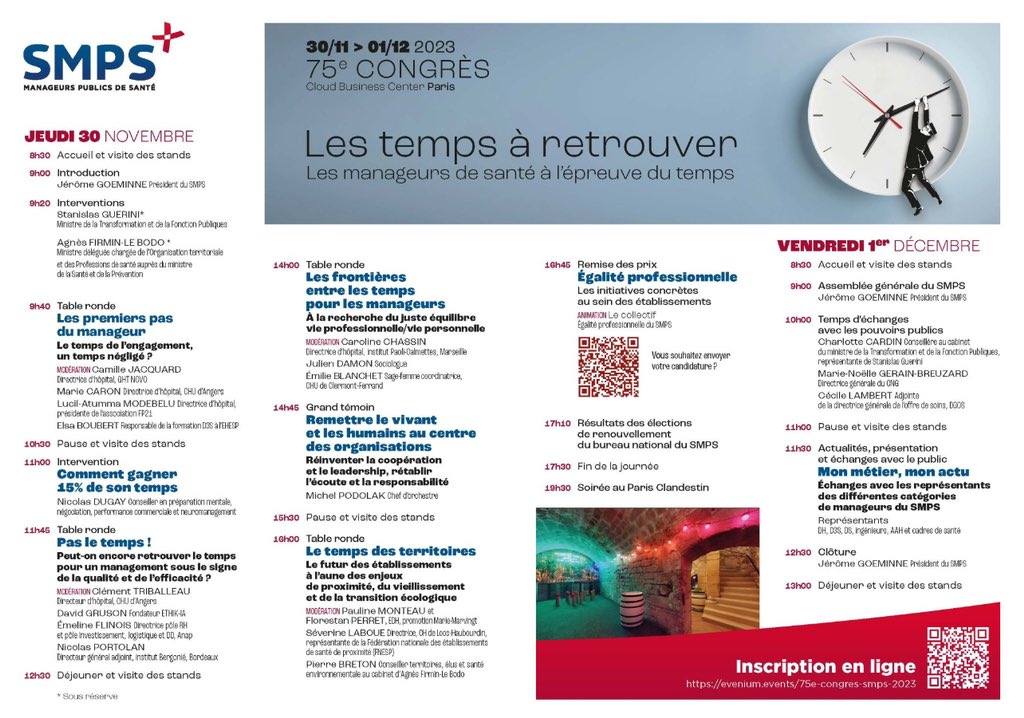 Jérôme GOEMINNE (@jerome_goeminne) on Twitter photo Questionnons et améliorons notre rapport au(x) temps dans nos métiers de Manageurs de santé
▶️inscrivez-vous au congrès 2023 <a href="/SMPS_national/">SMPS - Syndicat des Manageurs Publics de Santé</a>
Les 30 novembre et 1er décembre à Paris
evenium.events/75e-congres-sm…
Le programme
🔽🔽🔽 Questionnons et améliorons notre rapport au(x) temps dans nos métiers de Manageurs de santé
▶️inscrivez-vous au congrès 2023 <a href="/SMPS_national/">SMPS - Syndicat des Manageurs Publics de Santé</a>
Les 30 novembre et 1er décembre à Paris
evenium.events/75e-congres-sm…
Le programme
🔽🔽🔽