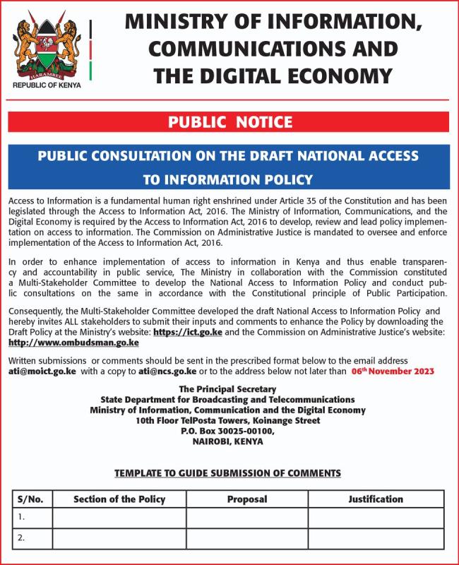 YOU ARE INVITED to submit your views on the Draft National #AccesstoInformation Policy available here: ombudsman.go.ke/sites/default/… - Deadline: 6th November 2023. #DigitalEconomyKE <a href="/MoICTKenya/">Ministry of Info, Comms & The Digital Economy KE</a> <a href="/KenyasOmbudsman/">Ombudsman Kenya</a> <a href="/ODPC_KE/">OFFICE OF THE DATA PROTECTION COMMISSIONER</a> <a href="/AGOfficeKenya/">OAG KENYA</a> <a href="/klrcKE/">Kenya Law Reform Commission</a> <a href="/CA_Kenya/">Communications Authority of Kenya (CA)</a> <a href="/KEPSA_KENYA/">KEPSA KENYA</a> <a href="/KNBStats/">KNBStats</a>