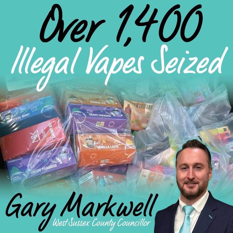 Over 1,400 illegal vapes &amp; tobacco products seized in a single day by WSCC Trading Standards from just 3 shops in Littlehampton &amp; Bognor Regis. You can report shops involved in selling illegal vapes or sales to children using the online reporting tool: bitly.ws/XAFe