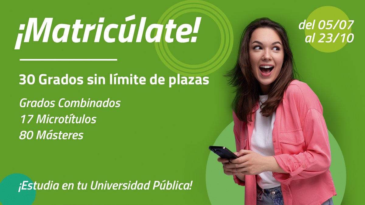 UNEDZamora's tweet image. 🗣📢 ¡MATRICÚLATE!

✅ 30 Grados
✅ 21 Grados combinados
✅ 80 Másteres Oficiales
✅ 17 Microtítulos

📆Hasta el 23-10

🔗app.uned.es/portal/admisio…

#EstudiaEnLaUNED #SomosUNED #Somos2030 #Zamora #Salamanca #Benavente #Béjar #CiudadRodrigo
