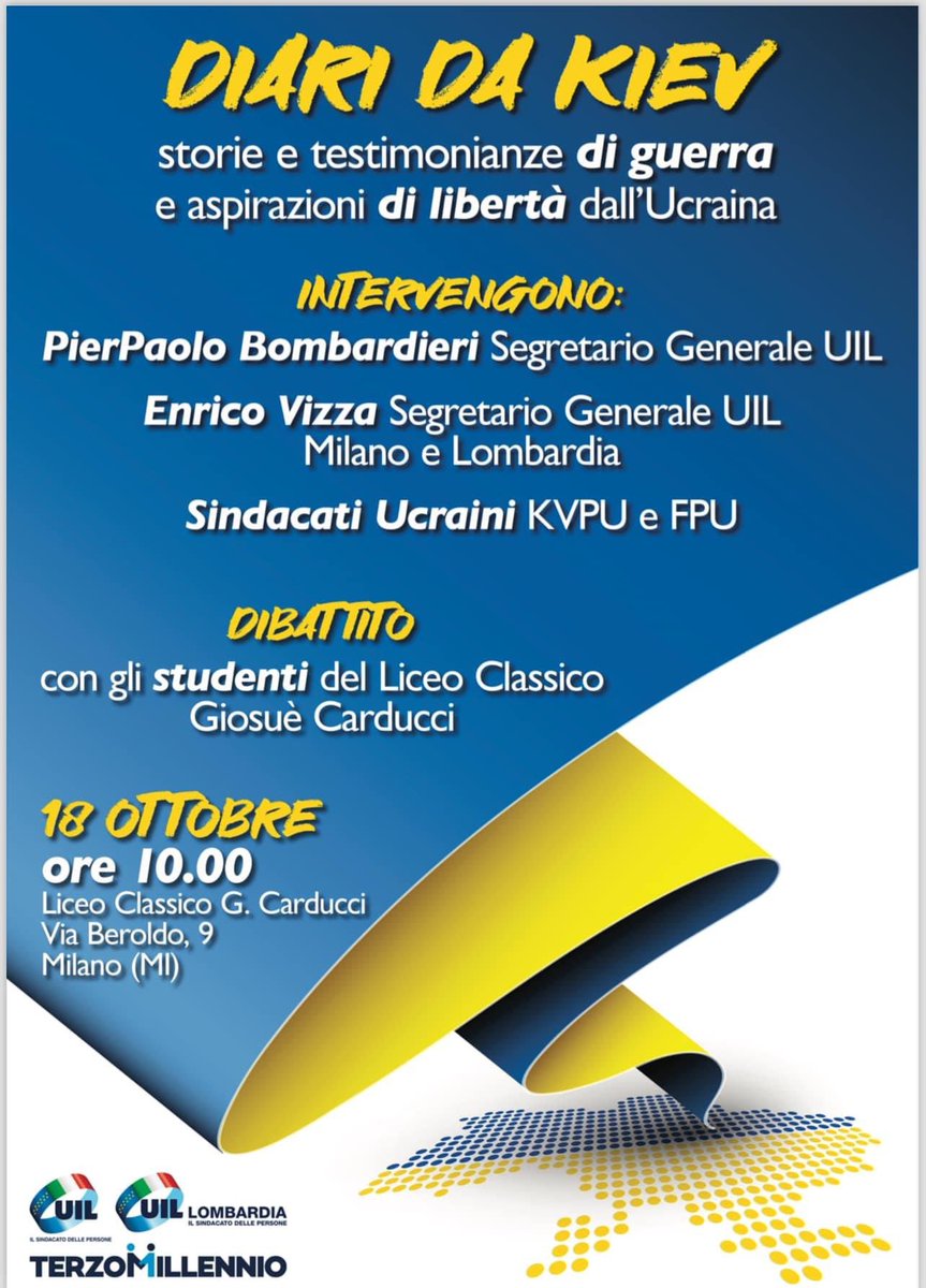 Diari da #Kiev, un importante incontro con gli studenti del Liceo Classico #Carducci parlando con i sindacati ucraini <a href="/CFTUU/">KVPU 🇺🇦 Ukrainian trade union</a> e <a href="/FPU/">Fresno Pacific University</a>, storie di guerra drammatiche ma tanta voglia di libertà. Interviene il Segr.Gen. <a href="/UILofficial/">Uil Nazionale</a> <a href="/PpBombardieri/">Pierpaolo Bombardieri</a> 
#Ucraina <a href="/UilMilanoLombar/">Uil Milano Lombardia</a>
