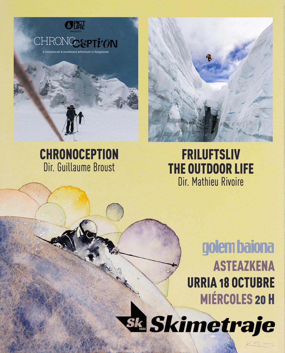 GolemPamplona's tweet photo. Prepárate... ¡que arrancamos ⛷️!
Hoy comienza @Skimetraje en #GolemBaiona con:
🗻 #Chronoception, una aventura en uno de los lugares aún inexplorados de Asia.
🏂 #Friluftsliv, el nuevo reto de Victor de Le Rue, snowboarder profesional.
Entradas 🎟️: https://t.co/iFdZ62zcqX https://t.co/jrBP2n1Ub7