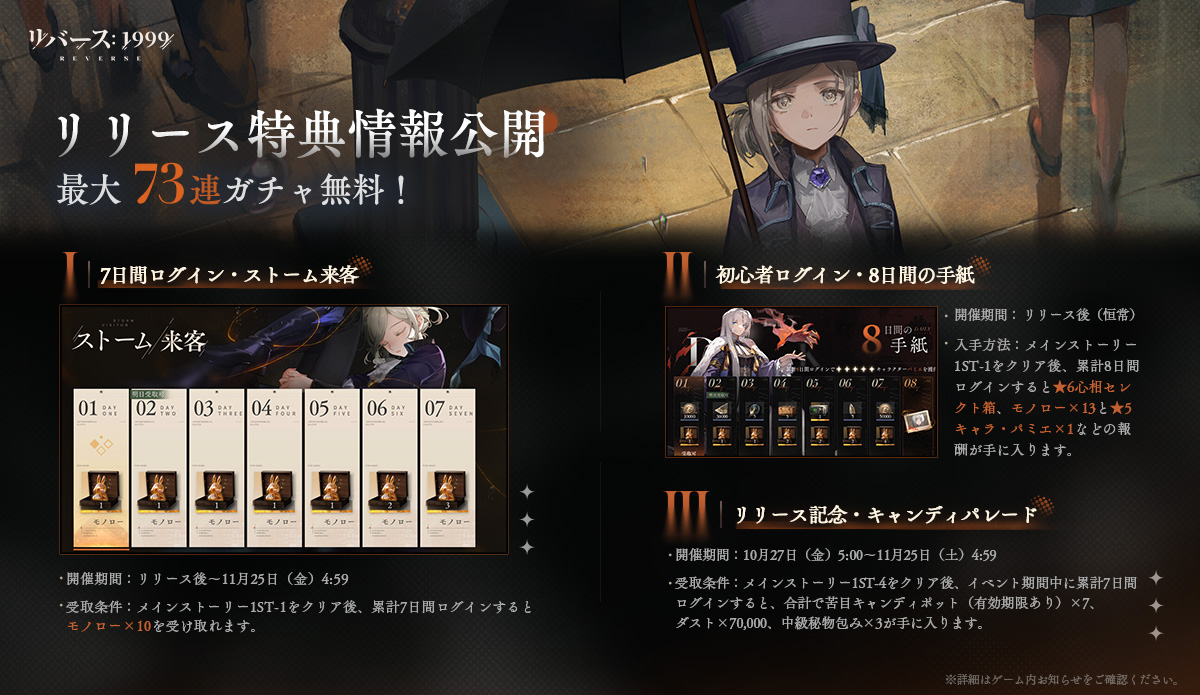 リバース1999 リリース特典情報公開】 最大73連ガチャ無料獲得可能