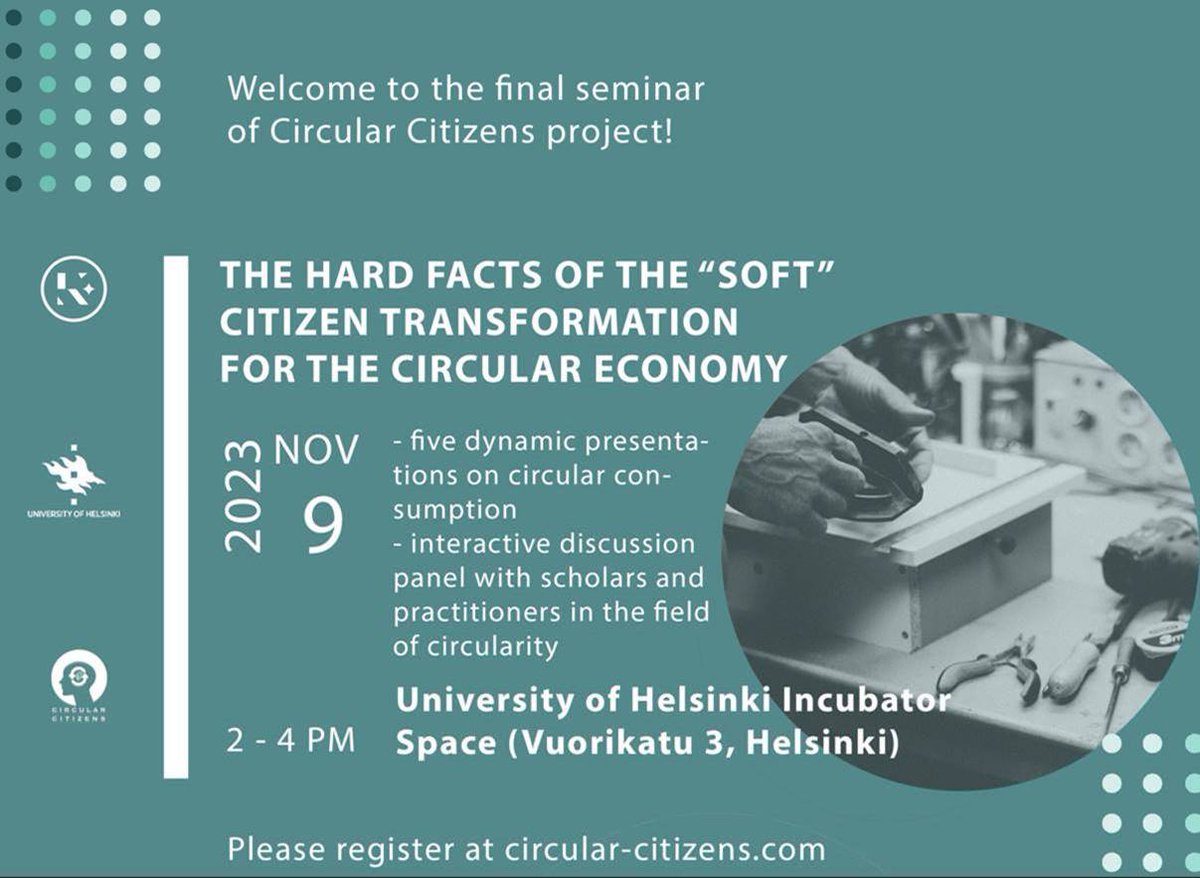 KoneenSaatio's tweet photo. Welcome to join the final seminar of the Circular Citizens project, on 9 Nov 2023!

The theme is "The hard facts of the 'soft' citizen transformation for the circular economy."

Registration is open until 1 Nov 2023.

Full programme and registration:
https://t.co/JOb4OehMWO https://t.co/mwLEaRfaEU