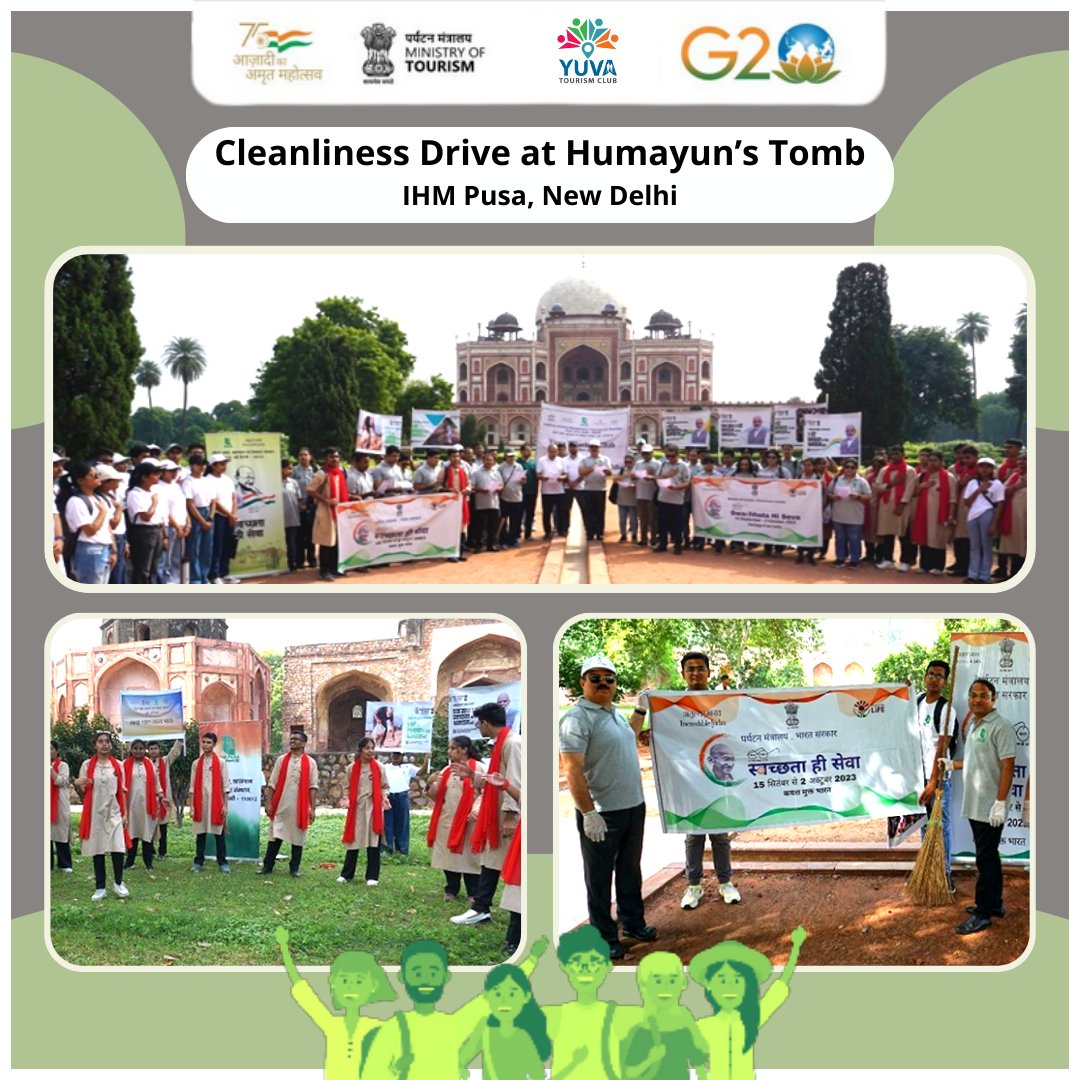 Ministry of Tourism's #SpecialCampaign3.0 event at Humayun’s Tomb kicked off with an oath-taking ceremony. #YuvaTourismClub members joined IHM Pusa's Asavari for a musical tribute to Gandhiji's cleanliness ideals, concluding with Kaladhar's #NukkadNatak on #SwachhBharatAbhiyan.