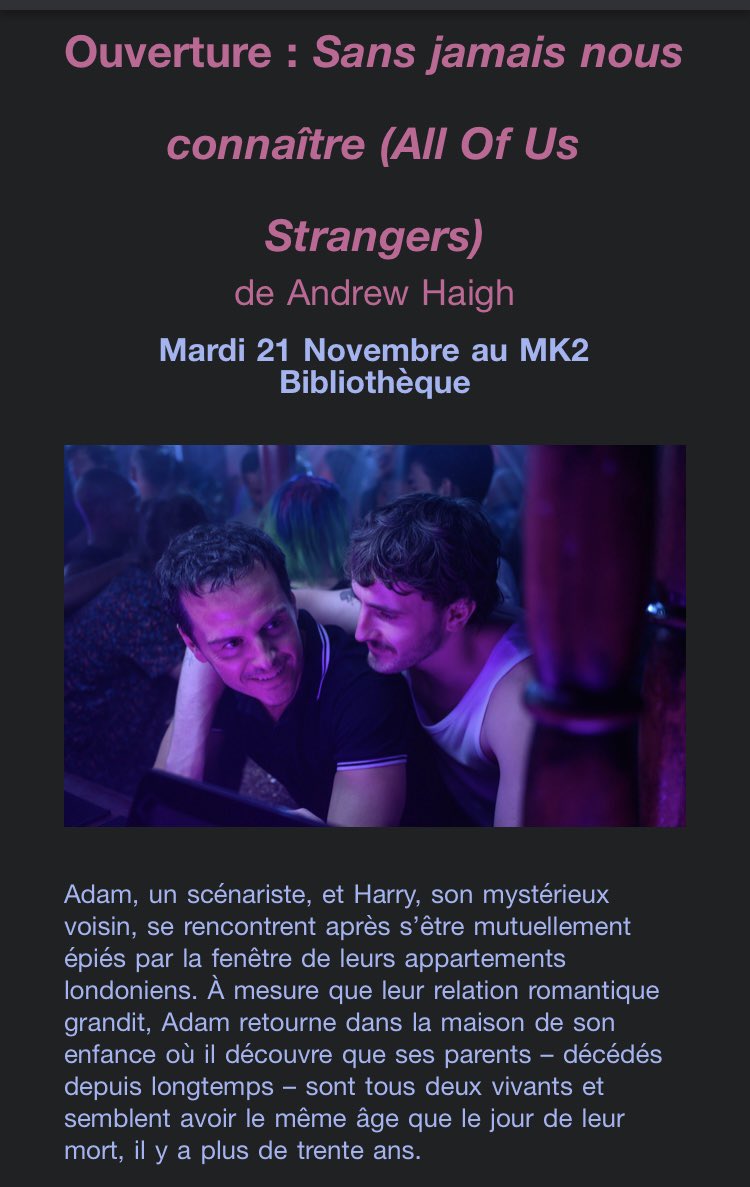 🏳️‍🌈 Le nouveau film d’Andrew Haigh avec  Paul Mescal et Andrew Scott sera présenté en ouverture du Festival <a href="/CheriesCheris/">Chéries-Chéris 🏳️‍🌈</a> le 21 novembre 2023

Et on découvre au passage le titre français du film 
Pas encore de date de sortie française