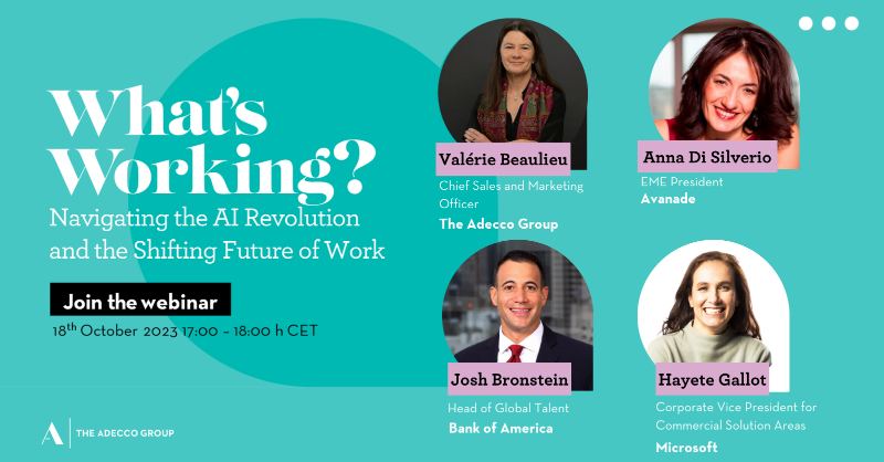 AdeccoGroup's tweet photo. 🌐 Don't forget to register for our upcoming webinar, "What's Working? Navigating the #AI Revolution and the Shifting Future of Work" happening TODAY at 5 pm CET!
This is your last chance - register now 👇
#WhatsWorking #GWOF2023 #GlobalWorkforceoftheFuture #FutureofWork