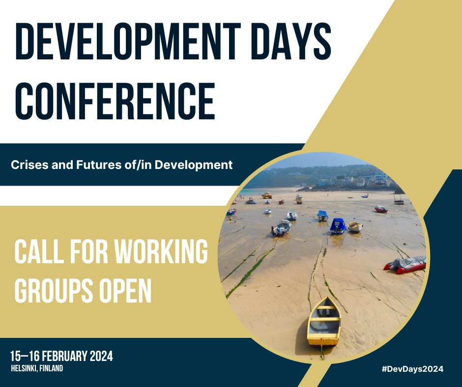 THE CALL FOR WORKING GROUP PROPOSALS for Development Days 2024 Conference is open! The deadline for submitting working group proposals is November 8th For more information and other important dates, go to kehitystutkimus.fi/conference/ #DevDays2024