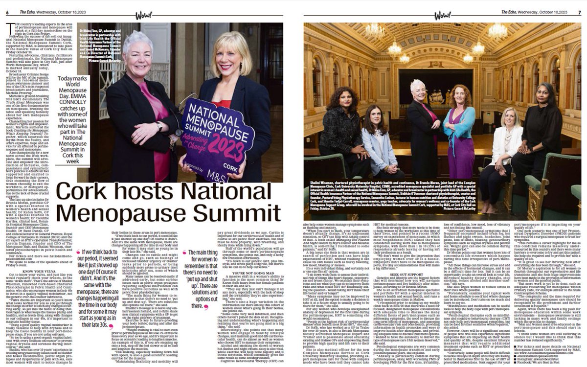 Great article in @echolivecork today about #nationalmenopausesummit taking place this Friday in Cork #Menopause #MenopauseAwarenessDay