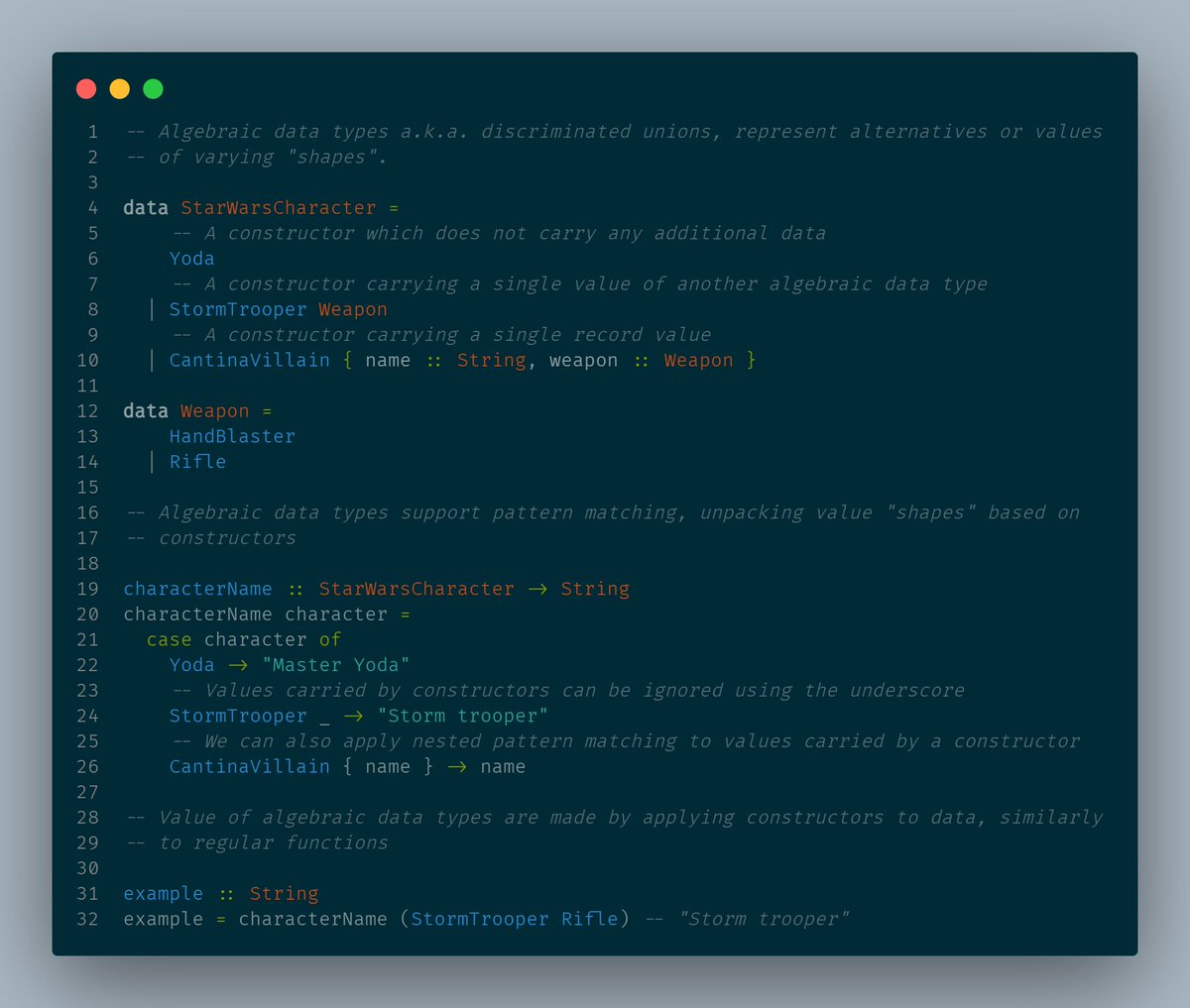 Savlambda's tweet image. Another basic variation of compound types in PureScript are algebraic data types, also known as discriminated unions in other languages.
(Bits of #purescript)