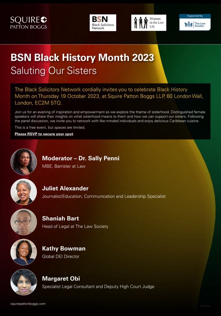 BME@TheBar (@bmeatthebar) on Twitter photo Event hosted by #BlackSolicitorsNework
📆: 19.10.23
⏰: 18:00
📍: <a href="/SPB_Global/">Squire Patton Boggs</a>
Celebrating #BHM and #SalutingOurSisters and exploring sisterhood, what it means & how to support sisters both as fellow sisters & as allies.
To find out more and to book go👇🏾tickettailor.com/events/blackso… Event hosted by #BlackSolicitorsNework
📆: 19.10.23
⏰: 18:00
📍: <a href="/SPB_Global/">Squire Patton Boggs</a>
Celebrating #BHM and #SalutingOurSisters and exploring sisterhood, what it means & how to support sisters both as fellow sisters & as allies.
To find out more and to book go👇🏾tickettailor.com/events/blackso…