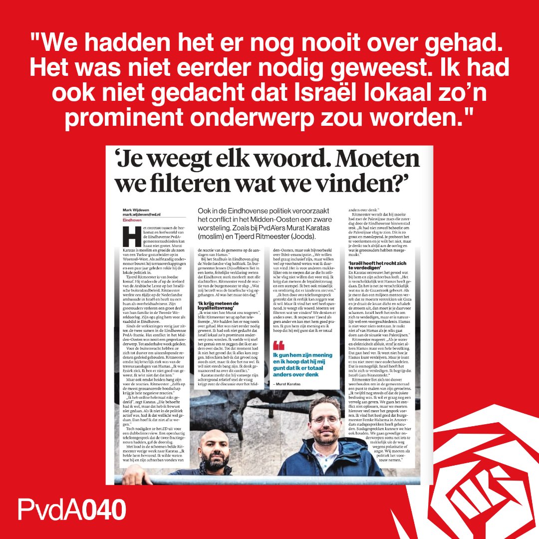 PvdA Eindhoven (@pvdaeindhoven) on Twitter photo ๐ณ๏ธ Lees het boeiende interview met Murat Karatas en <a href="/TSR1989/">Tjeerd S. Ritmeester</a> die verschillende standpunten delen over het conflict in het Midden-Oosten. Ontdek hoe diversiteit in meningen de kracht van onze fractie weerspiegelt en hoe wij hier lokaal mee omgaan.
shorturl.at/nEFKN
#PvdA040 ๐ณ๏ธ Lees het boeiende interview met Murat Karatas en <a href="/TSR1989/">Tjeerd S. Ritmeester</a> die verschillende standpunten delen over het conflict in het Midden-Oosten. Ontdek hoe diversiteit in meningen de kracht van onze fractie weerspiegelt en hoe wij hier lokaal mee omgaan.
shorturl.at/nEFKN
#PvdA040