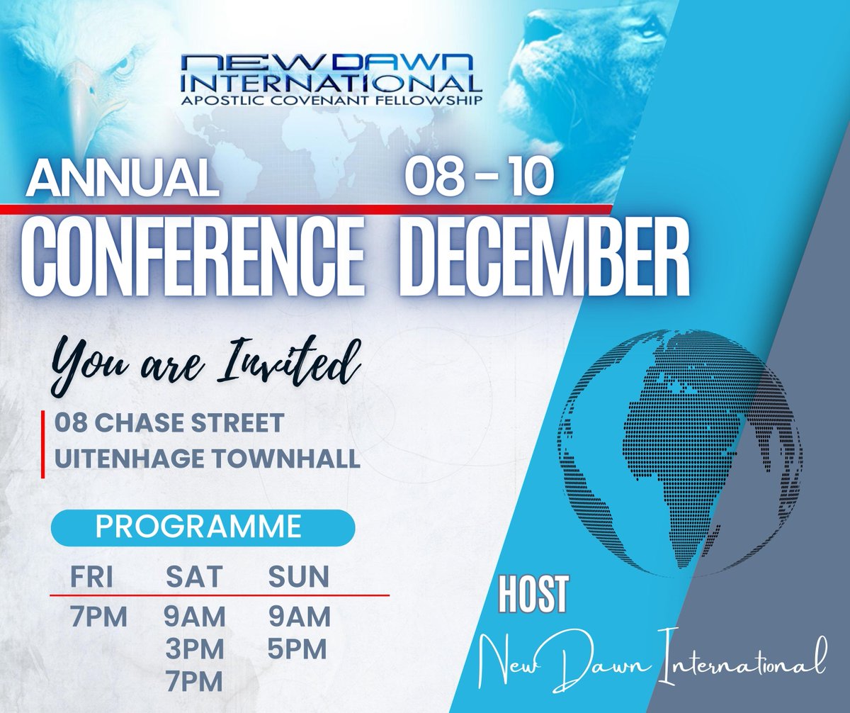 newdawnintl's tweet photo. We look forward to hosting you in Uitenhage at this years annual conference taking place on 8 to 10 December and please do join us if possible. 

Please see poster for more details. 
#Church #newdawninternational #conference https://t.co/q2qXPIwkDk
