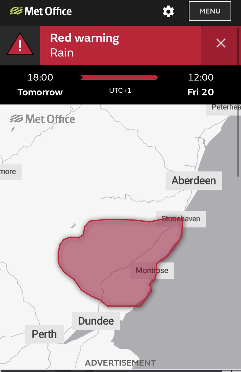 There’s now a RED weather warning in place for rain in southern Aberdeenshire/Angus from tomorrow. That means a danger to life from fast flowing flood water The MET office say they expect extensive flooding to homes and businesses. Damage & disruption to transport networks too