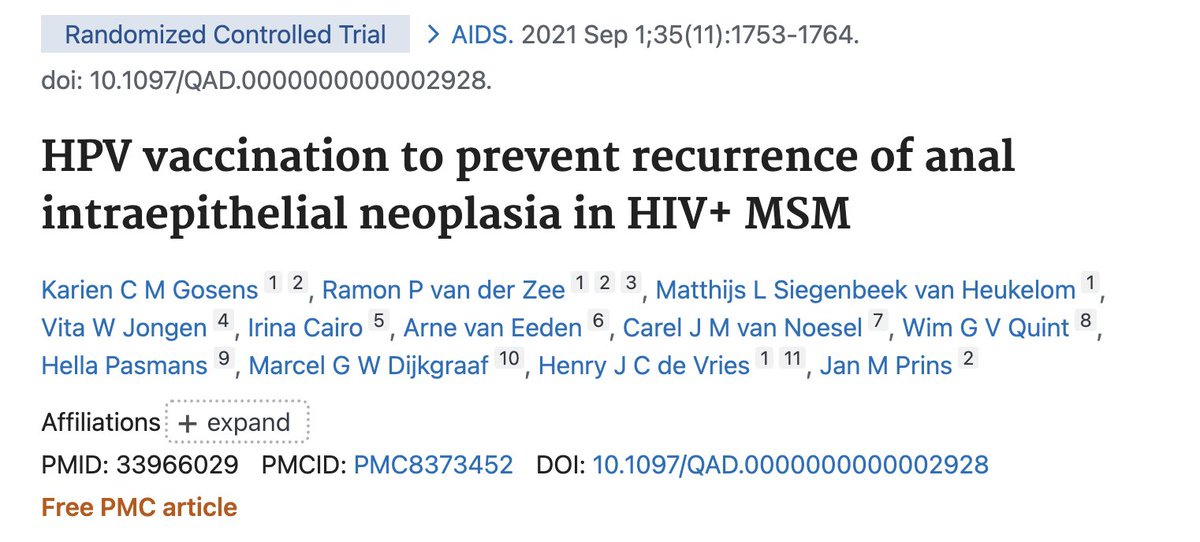 Netherlands study showing HPV vax failed to prevent short-term AIN recurrence in MSM with HIV just mentioned in the excellent HPV session #EACS2023. As discussed today, a broader HPV subtype coverage may have yielded different results, studies ongoing. pubmed.ncbi.nlm.nih.gov/33966029/