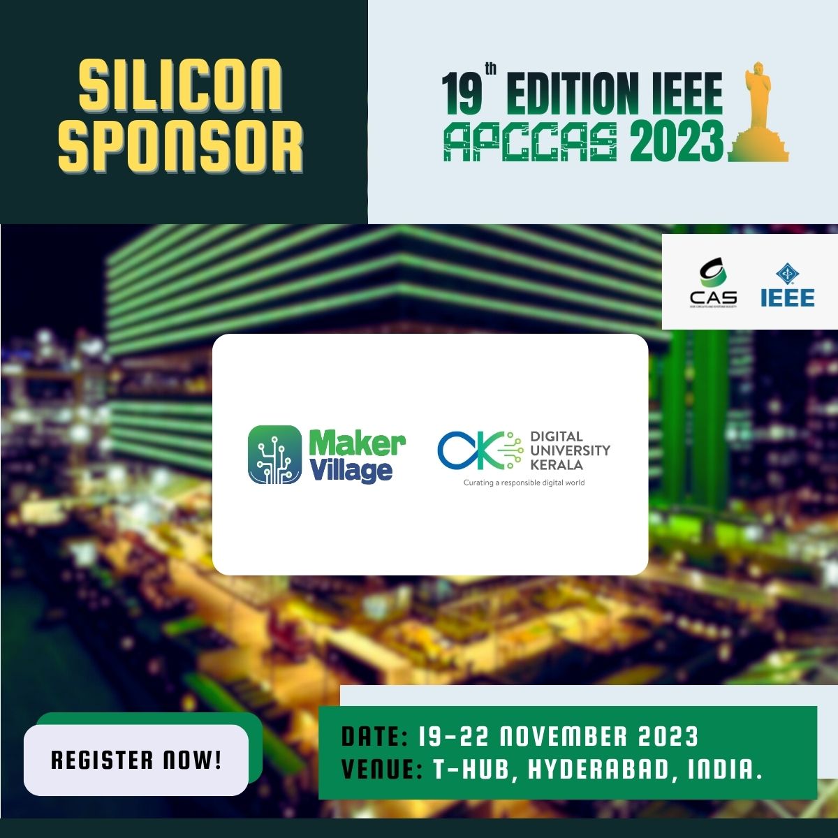 ieeeisicas's tweet photo. Happy to have @MVKochi &amp; @dukerala as the "SILICON SPONSOR" for the upcoming @ieee_apccas Conference 2023 to be held at @THubHyd 

Registrations are open now, Click here to grab your seat: https://t.co/BOWFIMclpJ

#apccas
#apccas2023
#ieeeapccas
#ieeeapccas2023
@MediaTek https://t.co/iV8kRwL7er