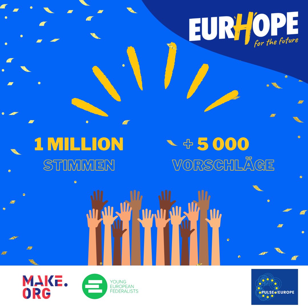 1 Million Stimmen - 5000 Vorschläge: Das #EurHope-Projekt, mit einer 🇪🇺Allianz von 45 Partnern (inkl. #PulseofEurope), erzielt super Resonanz! 10.11.23 - Ergebnis-Präsentation in Madrid! @Make_orgDE 👉about.make.org/warum-dieses-p… 👉jef.de/projekte/eurho… #EUVision #PulseofEurope